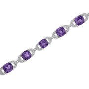 Bids.com .925 Sterling Silver 7mm Cushion Cut Amethyst Gemstone and Diamond Tennis Link Bracelet (I-J Color, I1-I2 Clarity) - Size 7" Bracelets