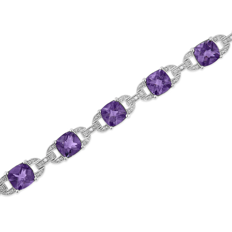 Bids.com .925 Sterling Silver 7mm Cushion Cut Amethyst Gemstone and Diamond Tennis Link Bracelet (I-J Color, I1-I2 Clarity) - Size 7" Bracelets