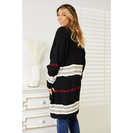 Double Take Striped Rib-Knit Drop Shoulder Open Front Cardigan