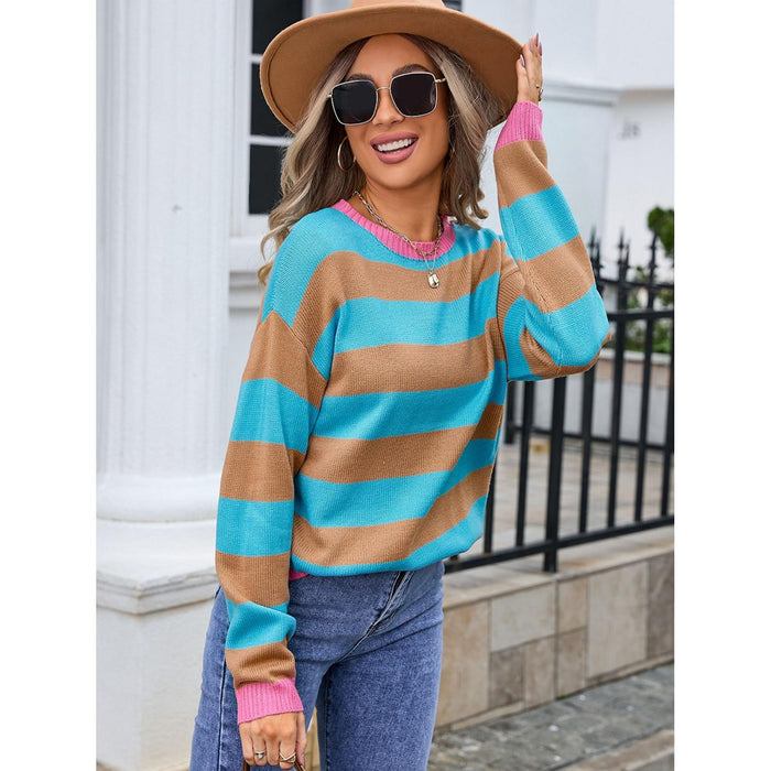 Striped Round Neck Dropped Shoulder Sweater