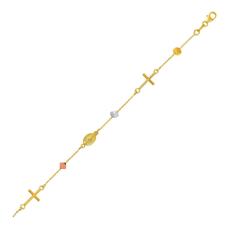 Bids.com 14k Tri Color Gold Bracelet with Crosses Cubes and Medallions Bracelets