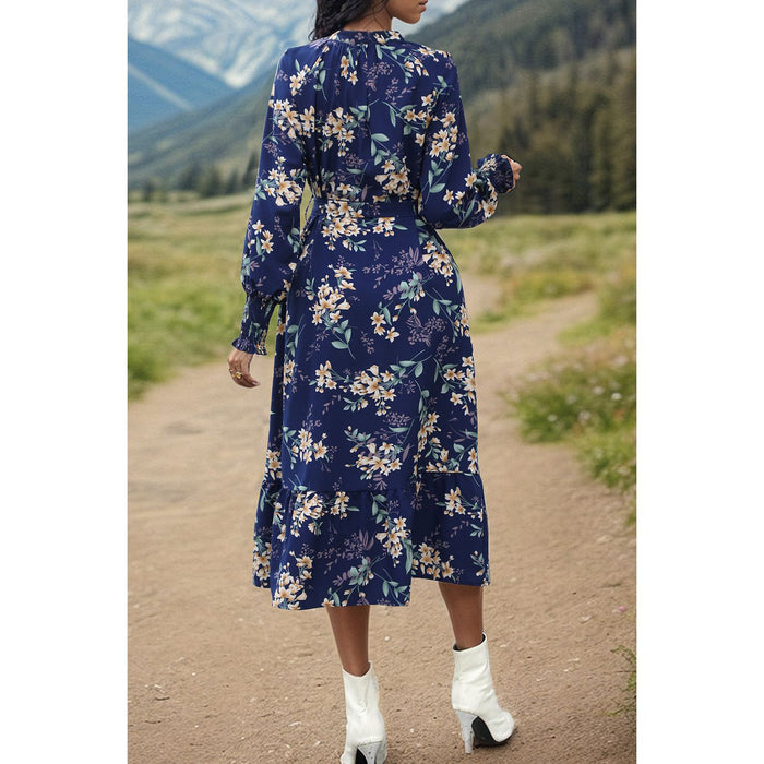 Printed Notched Lantern Sleeve Midi Dress