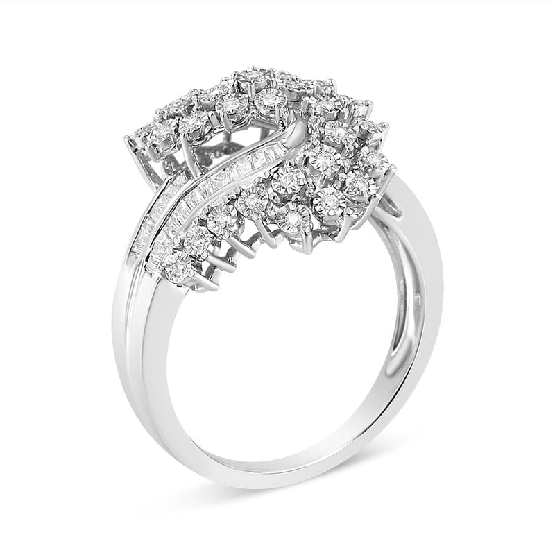 Bids.com 10K White Gold 1/2 Cttw Round and Baguette-Cut "S" Shaped Bypass Cocktail Ring (I-J Color, I1-I2 Clarity) - Size 7 Rings