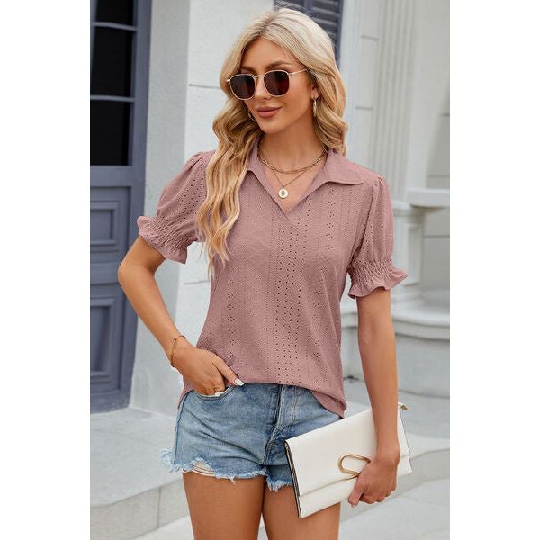 Eyelet Johnny Collar Short Sleeve Blouse