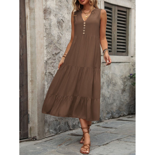 Decorative Button Notched Sleeveless Dress