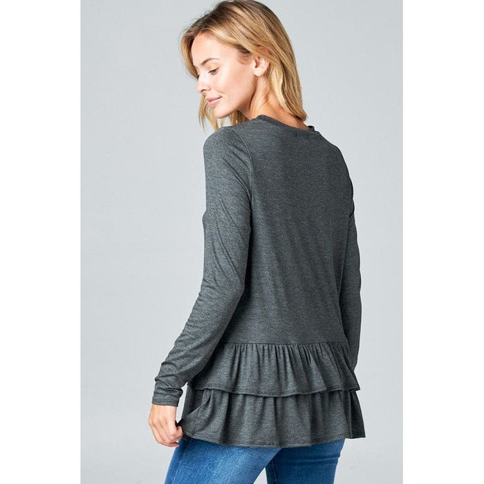 RUFFLE BOTTOM LONG SLEEVE ROUND NECK TUNIC TOP