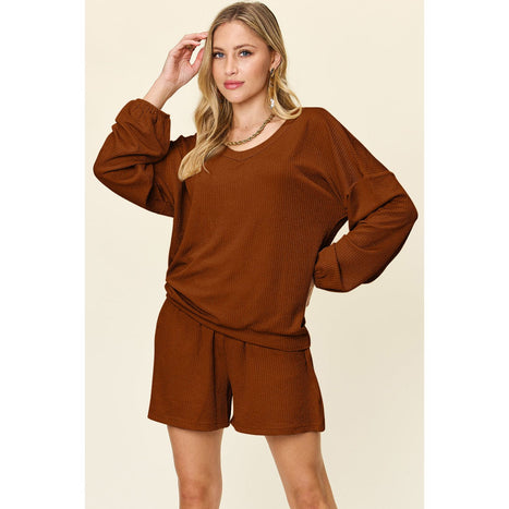 Texture V-Neck Long Sleeve T-Shirt and Shorts Set