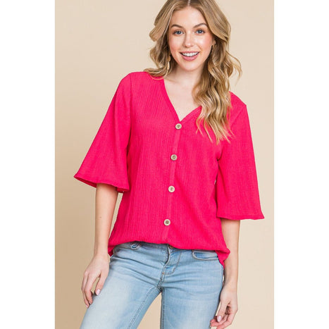 BOMBOM Texture Decorative Button V-Neck Top