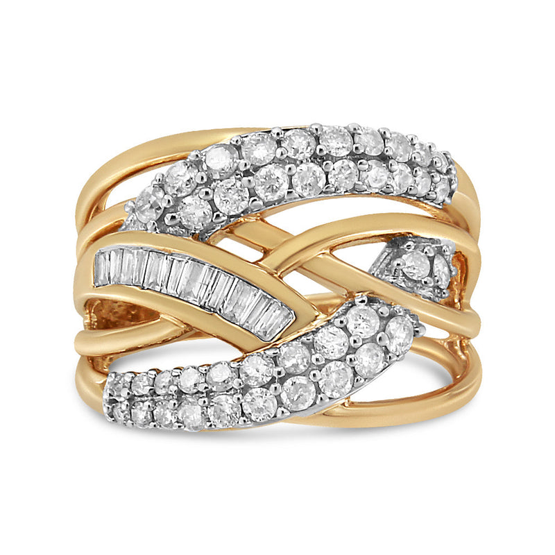 Bids.com 10K Yellow and White Gold 1.0 Cttw Round and Baguette-Cut Diamond Multirow Interwoven Cocktail Ring (I-J Color, I2-I3 Quality) - Size 7 Rings