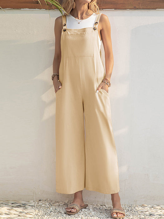 Loose Wide Leg Solid Color Square-Neck Overalls by migunica