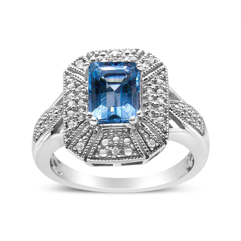 Bids.com .925 Sterling Silver Diamond Accent and 8X6 mm Emerald-Shape Blue Topaz Ring (I-J Color, I2-I3 Clarity) - Ring Size 7 Rings