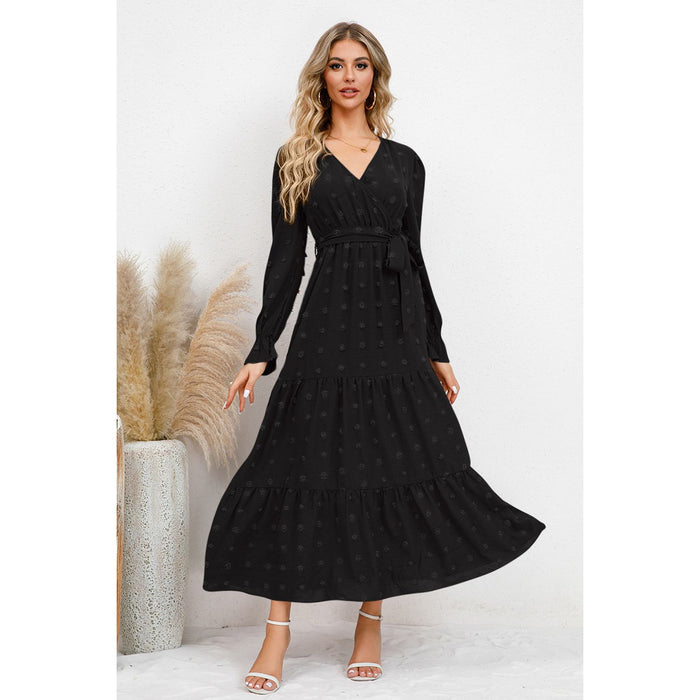 Swiss Dot Tied Surplice Flounce Sleeve Dress