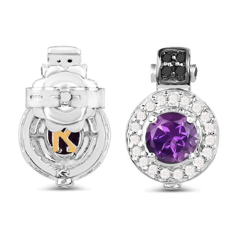 Bids.com 2.29 Carat Genuine Amethyst, Black Diamond and White Diamond .925 Sterling Silver Earrings Earrings