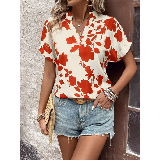 Flower Notched Short Sleeve Blouse