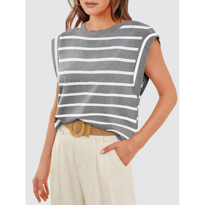 Striped Round Neck Cap Sleeve T-Shirt