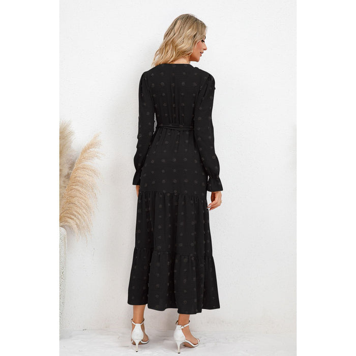 Swiss Dot Tied Surplice Flounce Sleeve Dress