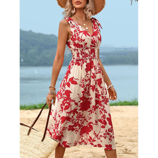 Smocked Printed Surplice Midi Dress