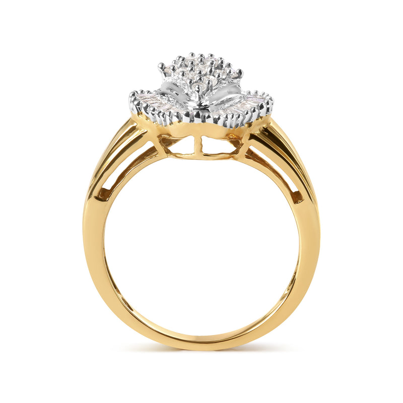 Bids.com 10K Yellow Gold 1/2 Cttw Round And Baguette-cut Diamond Rhombus Head and Halo Ring (I-J Color, I1-I2 Clarity) - Ring Size 7 Rings