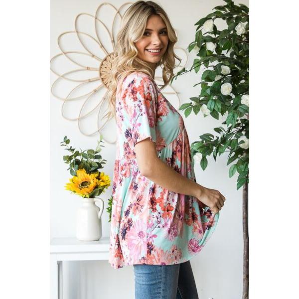 Heimish Floral V-Neck Short Sleeve Babydoll Blouse