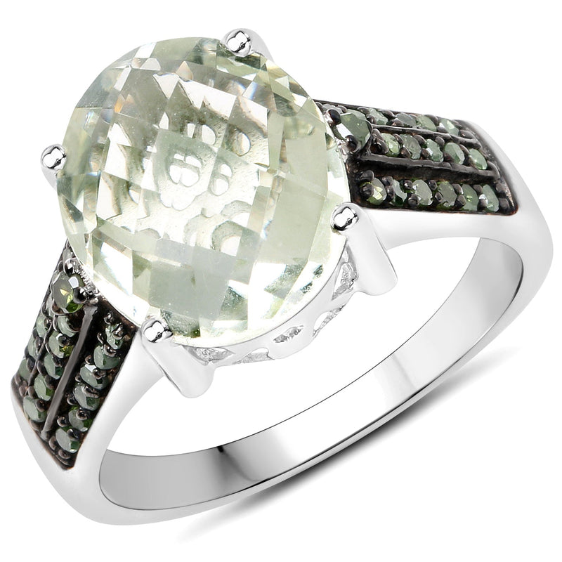 Bids.com 4.41 Carat Genuine Green Amethyst and Green Diamond .925 Sterling Silver Ring Rings