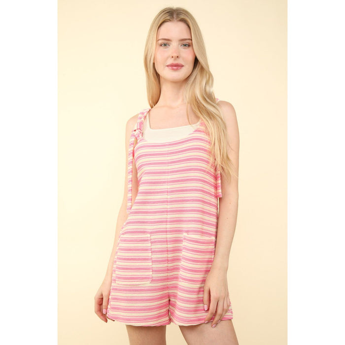 Tie Shoulder Front Pocket Striped Contrast Romper