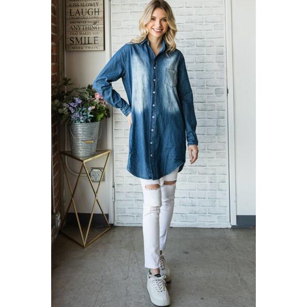 Veveret Pocketed Button Up Washed Denim Shirt