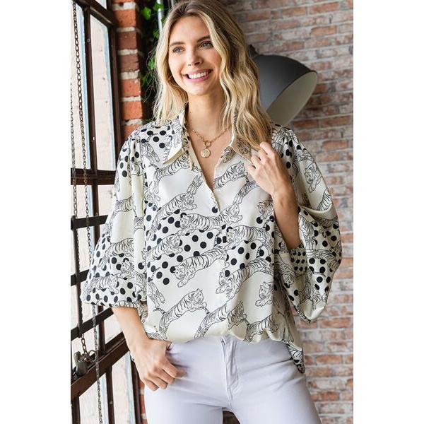 First Love Tiger Print Collared Neck Long Sleeve Satin Shirt