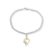 Bids.com 10K Yellow Gold 1/10 Cttw Diamond Awareness Ribbon & Heart Charm on 7" .925 Sterling Silver Rolo Bracelet (H-I Color, I1-I2 Clarity) Bracelets