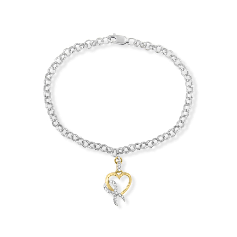Bids.com 10K Yellow Gold 1/10 Cttw Diamond Awareness Ribbon & Heart Charm on 7" .925 Sterling Silver Rolo Bracelet (H-I Color, I1-I2 Clarity) Bracelets