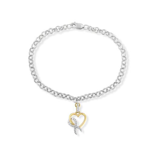 Bids.com 10K Yellow Gold 1/10 Cttw Diamond Awareness Ribbon & Heart Charm on 7" .925 Sterling Silver Rolo Bracelet (H-I Color, I1-I2 Clarity) Bracelets