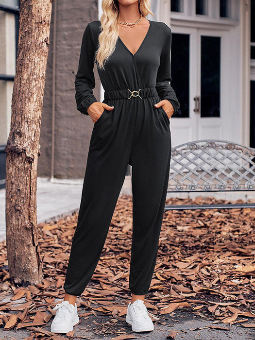 Long Sleeves Belted Elasticity V-Neck Jumpsuits by migunica