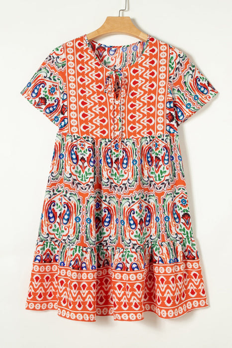 Printed Tie Neck Short Sleeve Dress