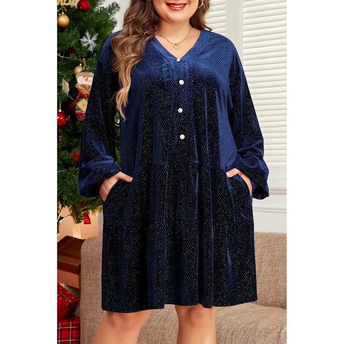 Textured Velvet Decorative Button Long Sleeve Dress