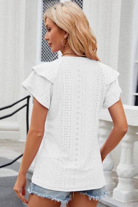 Eyelet Notched Flutter Sleeve T-Shirt