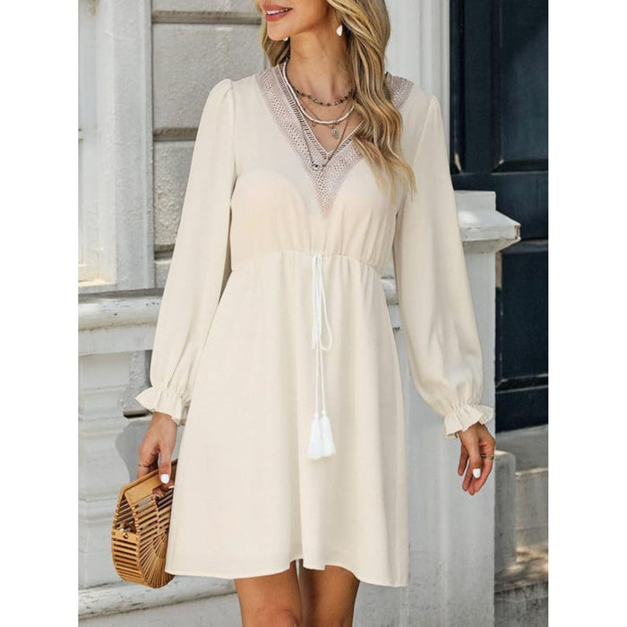 Tassel V-Neck Flounce Sleeve Dress