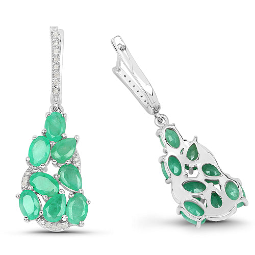 Bids.com 6.69 Carat Genuine Emerald and White Diamond .925 Sterling Silver Earrings Earrings