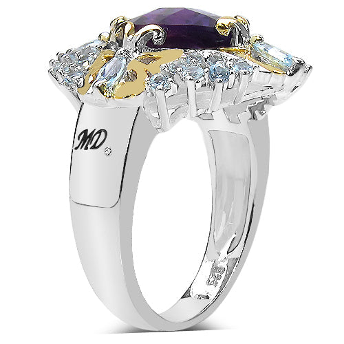 Bids.com 3.91 Carat Genuine Amethyst, Blue Topaz & White Diamond .925 Sterling Silver Ring Rings