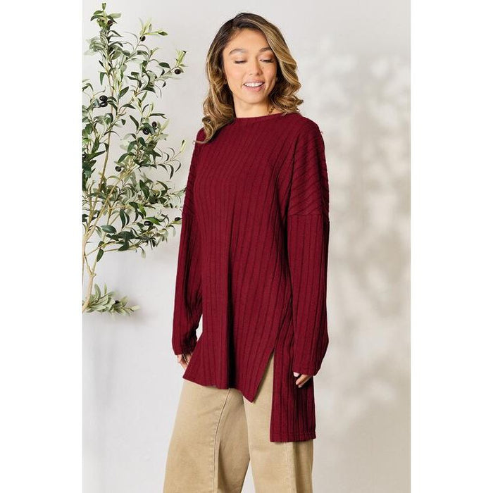 Basic Bae Ribbed Round Neck Long Sleeve Slit Top