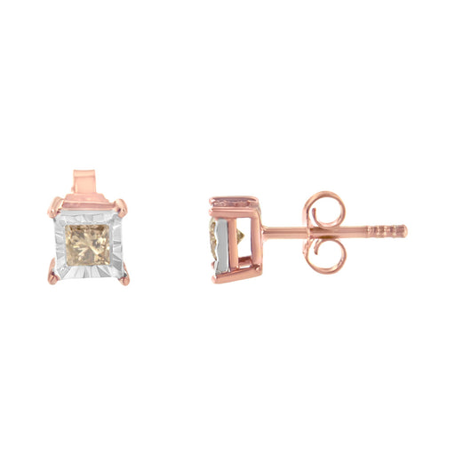 Bids.com 14K Rose Gold Plated Two-Tone .925 Sterling Silver 1/2 Cttw Princess-Cut Square Diamond Solitaire Miracle-Plate Stud Earrings (K-L Color, I2-I3 Clarity) Earrings