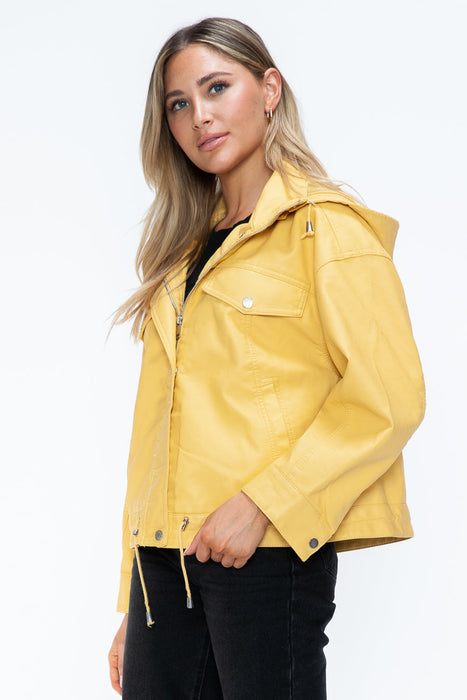 Drawstring Hem PU Leather Zip Up Jacket