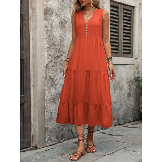 Decorative Button Notched Sleeveless Dress