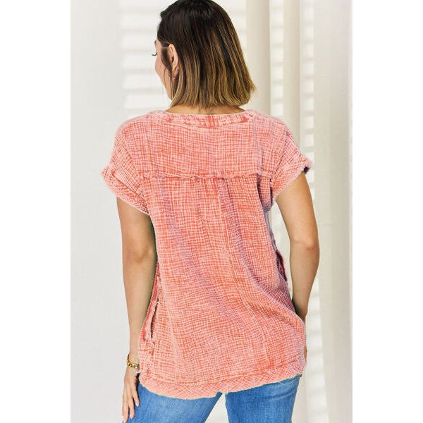 Zenana Washed Raw Hem Short Sleeve Blouse with Pockets