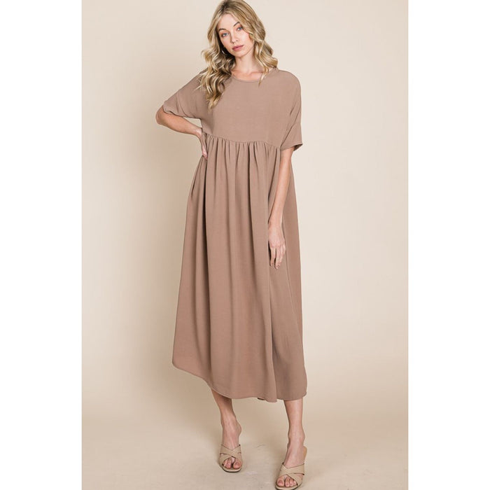 BOMBOM Round Neck Ruched Midi Dress