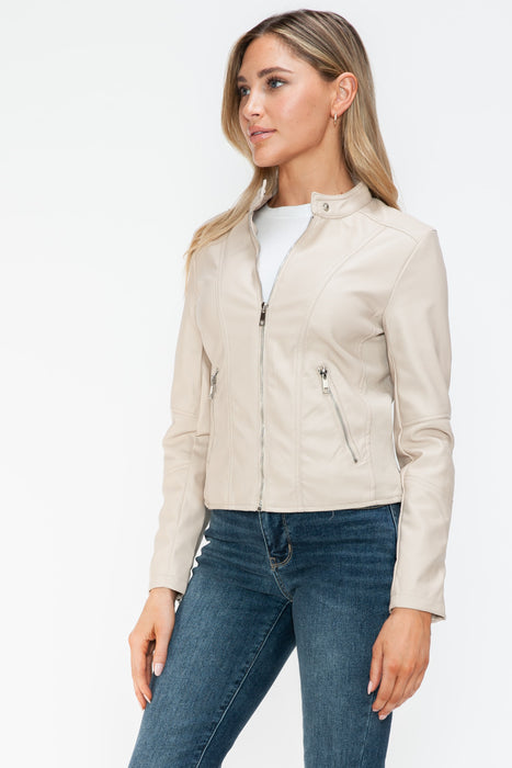 PU Leather Zip Up Jacket with Pockets