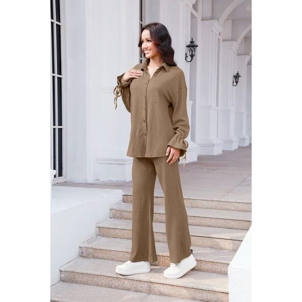 Drawstring Flounce Sleeve Shirt and Pants Set