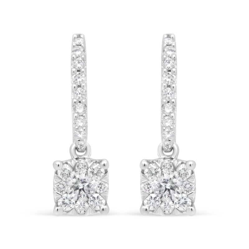 Bids.com 14K White 1/2 Cttw Round Diamond Halo Dangle Hook Earring - (H-I Color, SI2-I1 Clarity) Earrings