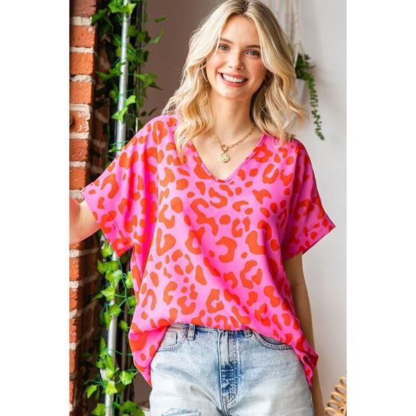 First Love Leopard V-Neck Short Sleeve Woven Top