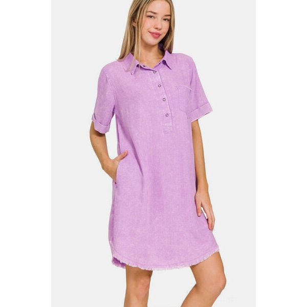 Washed Linen Raw Hem Dress with Pockets in Bright Lavender