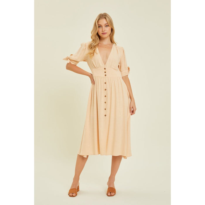 HEYSON Textured Linen V-Neck Button-Down Midi Dress