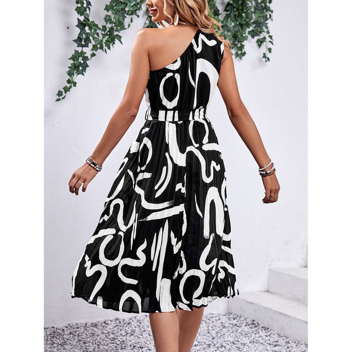 Printed Single Shoulder Tie Waist Dress